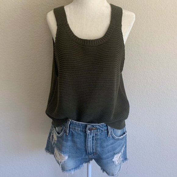 Lou & Grey Knit Tank S Woven Sleeveless Tunic Length Olive Moss Green Rib Cozy - Picture 1 of 8